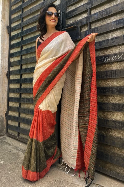 Lal Kinara - Beige, Black N Red Handloom Jute Cotton Saree