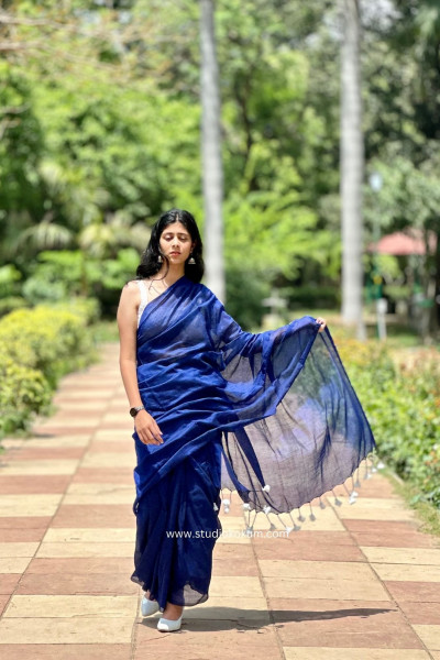 Lapis Lazuli : Ink Blue Cotton Plain Saree With Tassels