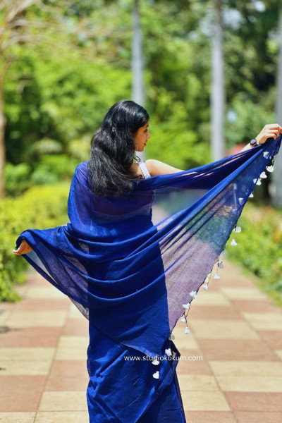 Lapis Lazuli : Ink Blue Cotton Plain Saree With Tassels