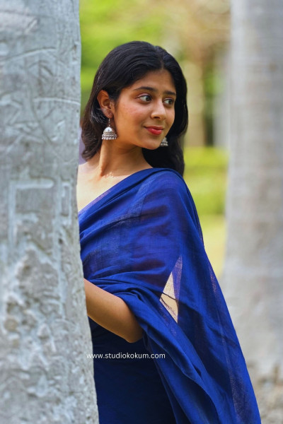 Lapis Lazuli : Ink Blue Cotton Plain Saree With Tassels