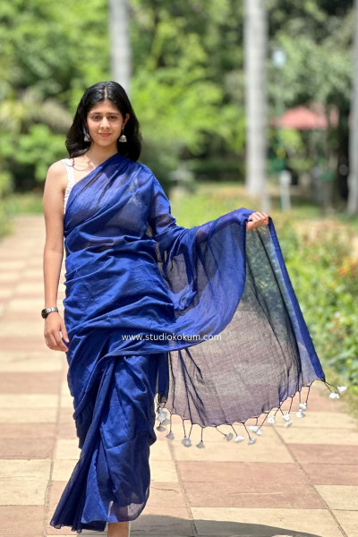 Lapis Lazuli : Ink Blue Cotton Plain Saree With Tassels