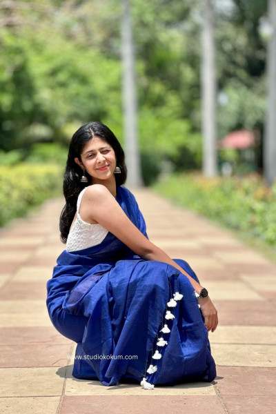 Lapis Lazuli : Ink Blue Cotton Plain Saree With Tassels