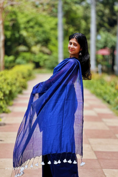 Lapis Lazuli : Ink Blue Cotton Plain Saree With Tassels