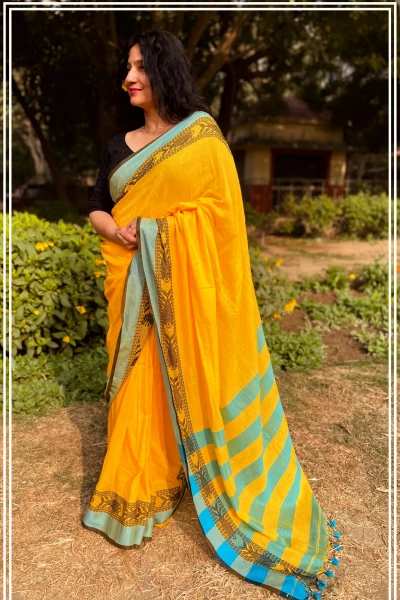 Image of Lemony Hues - Pure Handloom Cotton Yellow and Turquoise Colour Saree