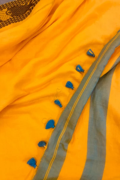Lemony Hues - Pure Handloom Cotton Yellow and Turquoise Colour Saree