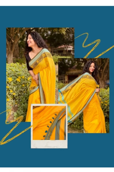 Lemony Hues - Pure Handloom Cotton Yellow and Turquoise Colour Saree