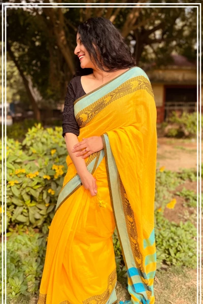 Lemony Hues - Pure Handloom Cotton Yellow and Turquoise Colour Saree
