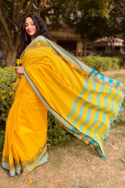Lemony Hues - Pure Handloom Cotton Yellow and Turquoise Colour Saree
