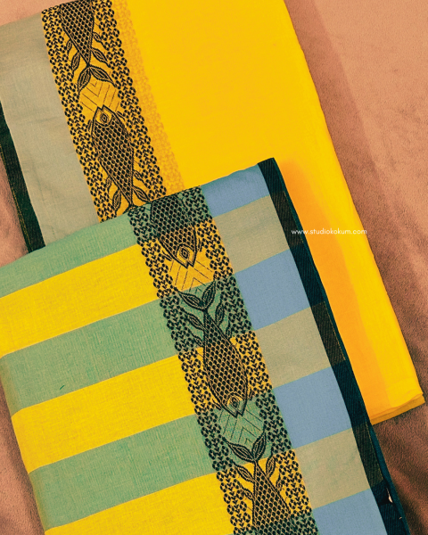 Lemony Hues - Pure Handloom Cotton Yellow and Turquoise Colour Saree