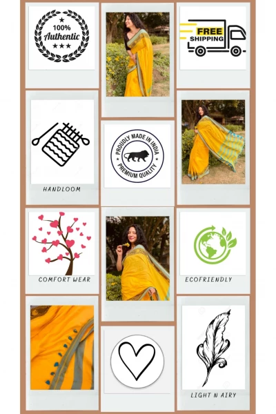 Lemony Hues - Pure Handloom Cotton Yellow and Turquoise Colour Saree