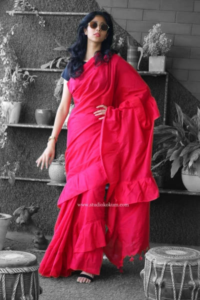 Image of Masakali - Pure Cotton Ruffle Saree in Candy Red Pink Colour