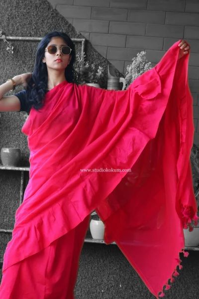 Masakali - Pure Cotton Ruffle Saree in Candy Red Pink Colour
