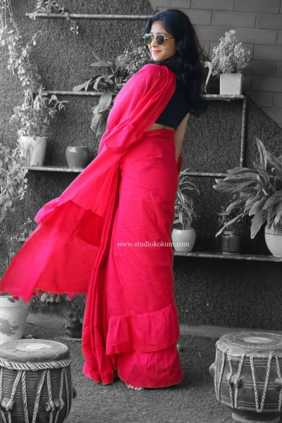 Masakali - Pure Cotton Ruffle Saree in Candy Red Pink Colour
