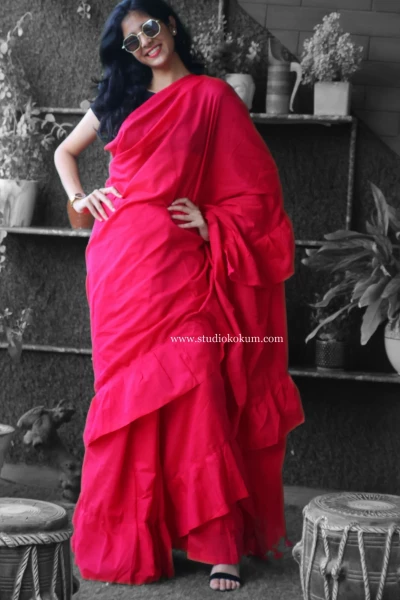 Masakali - Pure Cotton Ruffle Saree in Candy Red Pink Colour