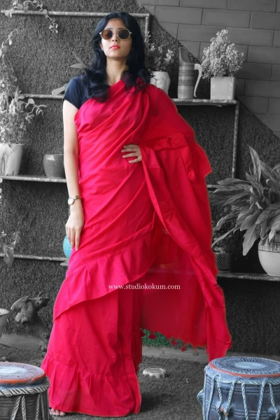 Masakali - Pure Cotton Ruffle Saree in Candy Red Pink Colour