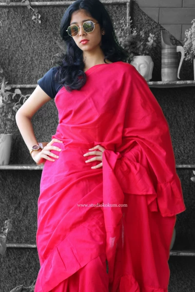 Masakali - Pure Cotton Ruffle Saree in Candy Red Pink Colour