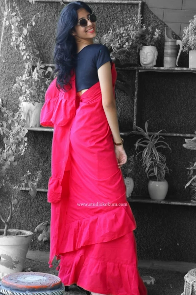 Masakali - Pure Cotton Ruffle Saree in Candy Red Pink Colour