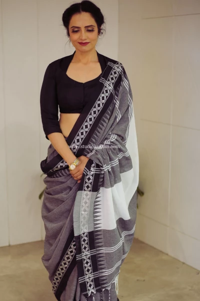 Image of Meraki - Handloom Grey Black White Cotton Saree with Blouse