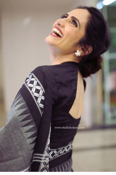 Meraki - Handloom Grey Black White Cotton Saree with Blouse