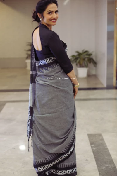 Meraki - Handloom Grey Black White Cotton Saree with Blouse