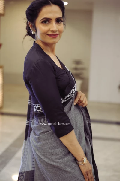 Meraki - Handloom Grey Black White Cotton Saree with Blouse