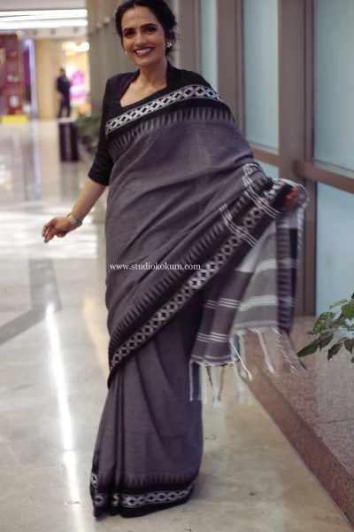 Meraki - Handloom Grey Black White Cotton Saree with Blouse