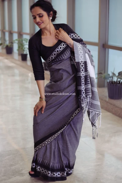 Meraki - Handloom Grey Black White Cotton Saree with Blouse