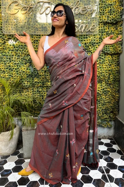 Image of Mishri: Pure Mul Cotton Saree with Embroidery in Dual Tone Almond Colour