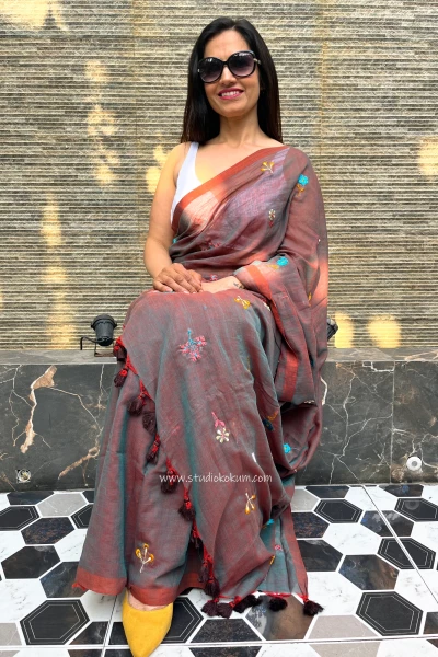 Mishri: Pure Mul Cotton Saree with Embroidery in Dual Tone Almond Colour