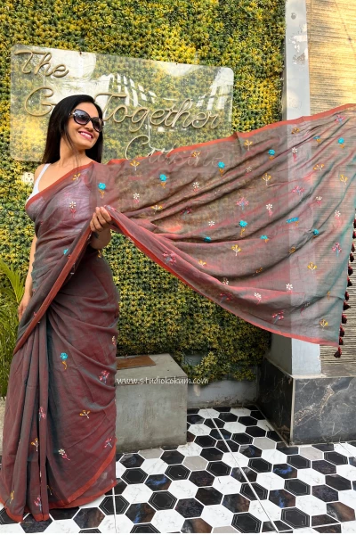 Mishri: Pure Mul Cotton Saree with Embroidery in Dual Tone Almond Colour