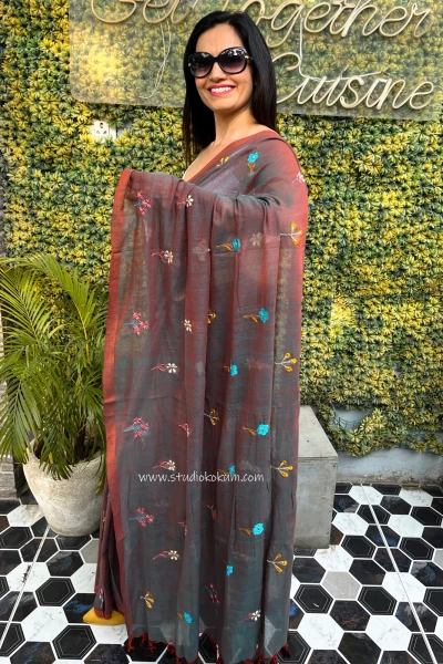 Mishri: Pure Mul Cotton Saree with Embroidery in Dual Tone Almond Colour