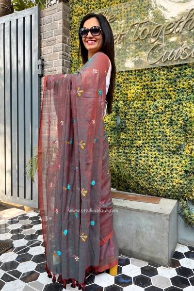 Mishri: Pure Mul Cotton Saree with Embroidery in Dual Tone Almond Colour