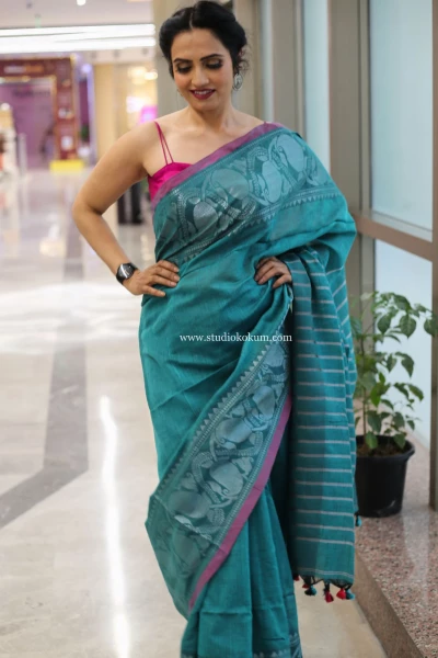 Noorani - Light Teal Handcrafted Cotton Banarasi Saree with Blouse