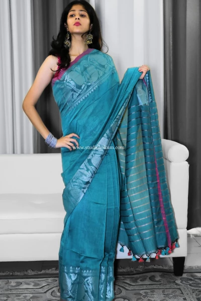 Noorani - Light Teal Handcrafted Cotton Banarasi Saree with Blouse