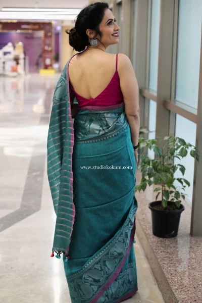 Noorani - Light Teal Handcrafted Cotton Banarasi Saree with Blouse