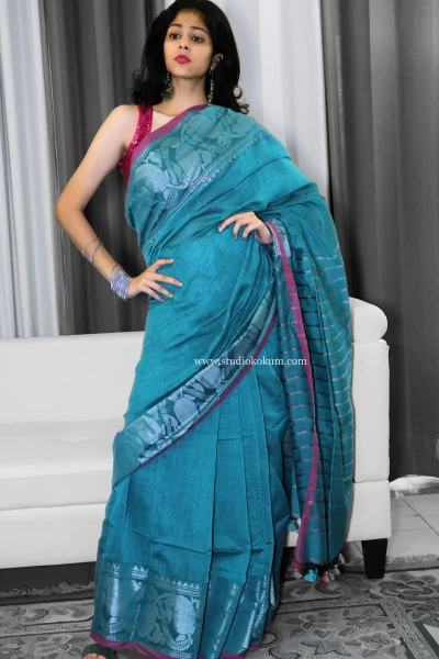 Noorani - Light Teal Handcrafted Cotton Banarasi Saree with Blouse