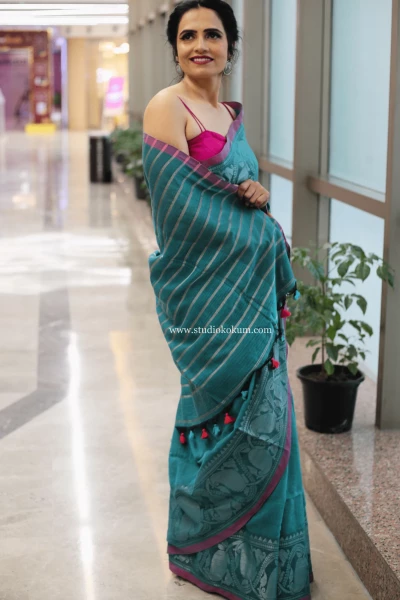 Noorani - Light Teal Handcrafted Cotton Banarasi Saree with Blouse