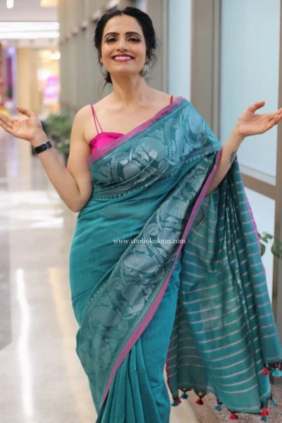 Noorani - Light Teal Handcrafted Cotton Banarasi Saree with Blouse