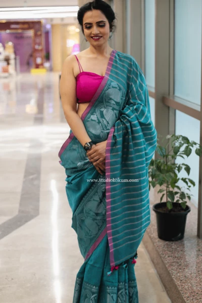 Noorani - Light Teal Handcrafted Cotton Banarasi Saree with Blouse