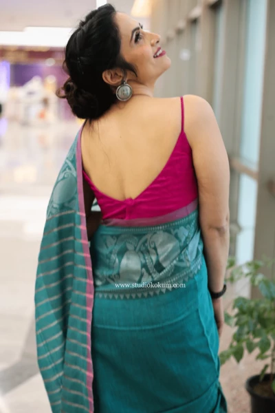 Noorani - Light Teal Handcrafted Cotton Banarasi Saree with Blouse