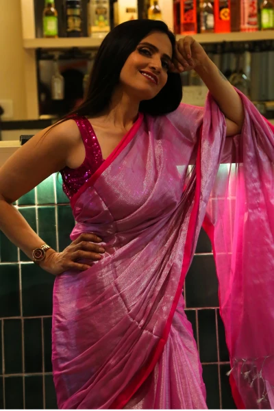 Saumya - Pink Mul Tissue Saree with Hot Pink Border