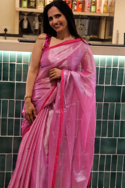 Saumya - Pink Mul Tissue Saree with Hot Pink Border