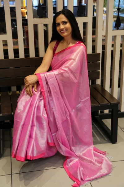 Saumya - Pink Mul Tissue Saree with Hot Pink Border