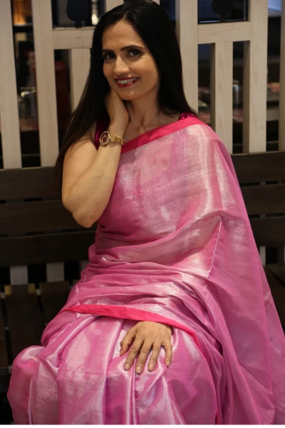 Saumya - Pink Mul Tissue Saree with Hot Pink Border