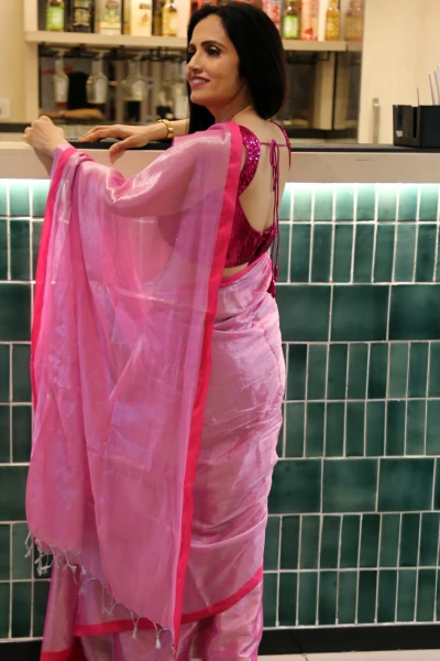 Saumya - Pink Mul Tissue Saree with Hot Pink Border
