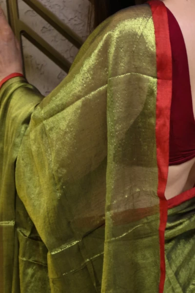 Saundarya - Mul Tissue Saree in Golden with Maroon Border