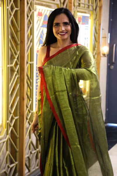 Saundarya - Mul Tissue Saree in Golden with Maroon Border