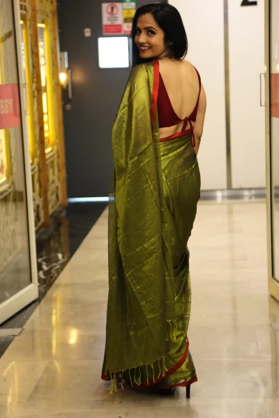 Saundarya - Mul Tissue Saree in Golden with Maroon Border