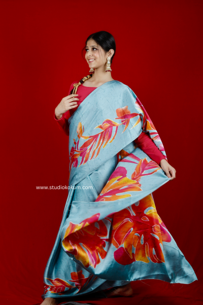 Image of Scarlet Sky: Blue Floral Print Satin Silk Saree