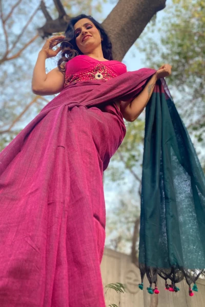 Serenity in Chaos - Blue N Magenta Handloom Cotton Saree